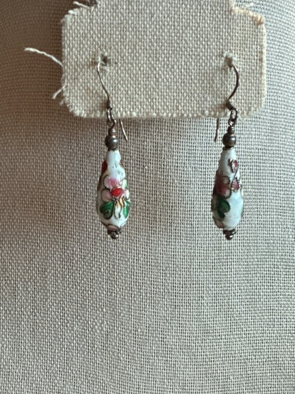 Hand-Painted White Cloisonné Teardrop Floral Earrings